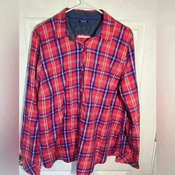 IZOD Women’s Pink/Coral Plaid Cotton Button Front Blouse. Size XL. - Picture 1 of 8